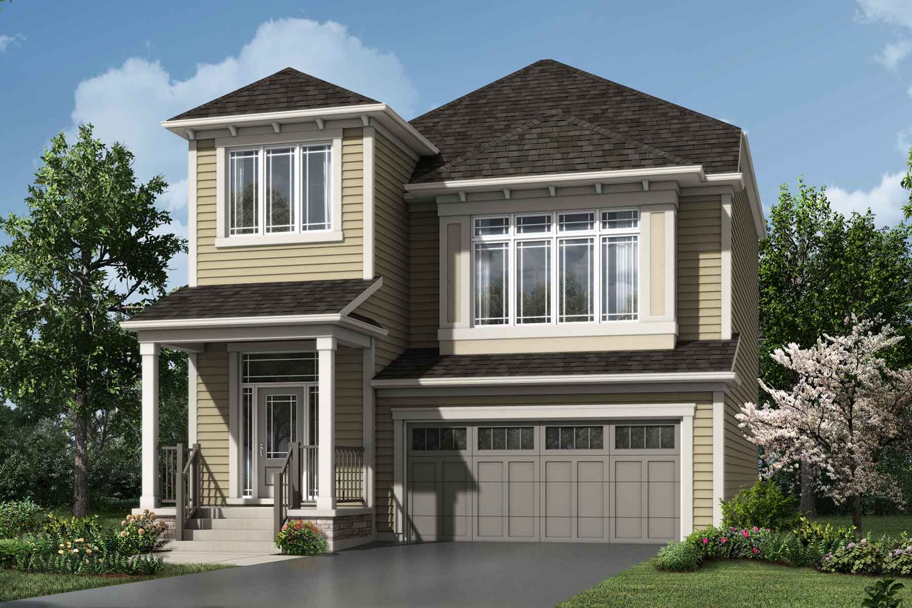 A detached Prairie style home with a double car garage.